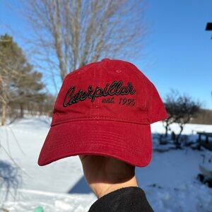 CAT Caterpillar Vintage 90s Hat Cap Strapback Red Black Embroidered Script OSFA